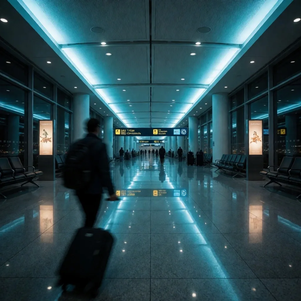 Gece ışıklı havalimanı geçiş koridoru