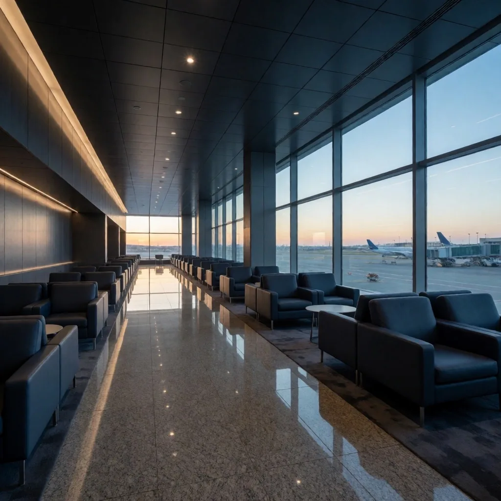 Modern havalimanı terminal binasının sinematik geniş açı görünümü